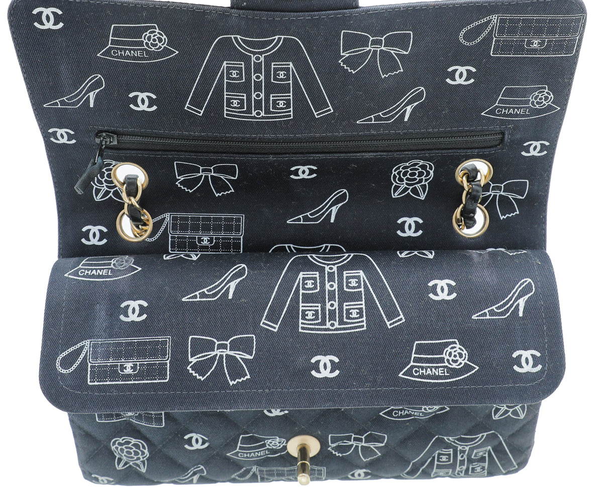 Chanel Navy Icon Print Canvas Double Flap Medium Bag