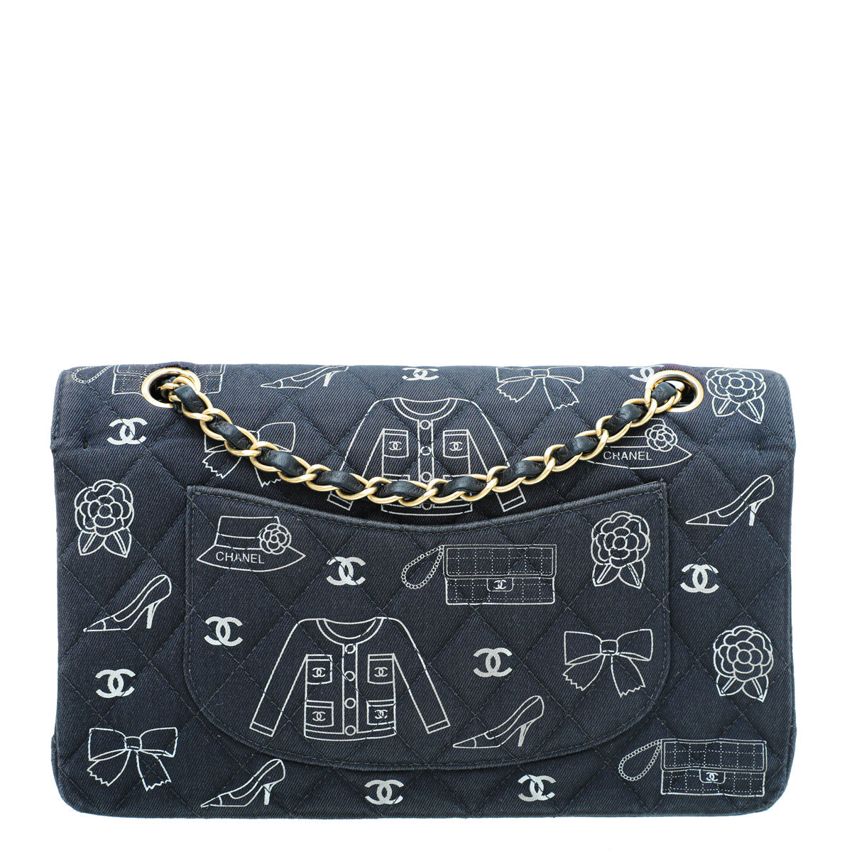 Chanel Navy Icon Print Canvas Double Flap Medium Bag