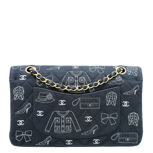 Chanel Navy Icon Print Canvas Double Flap Medium Bag