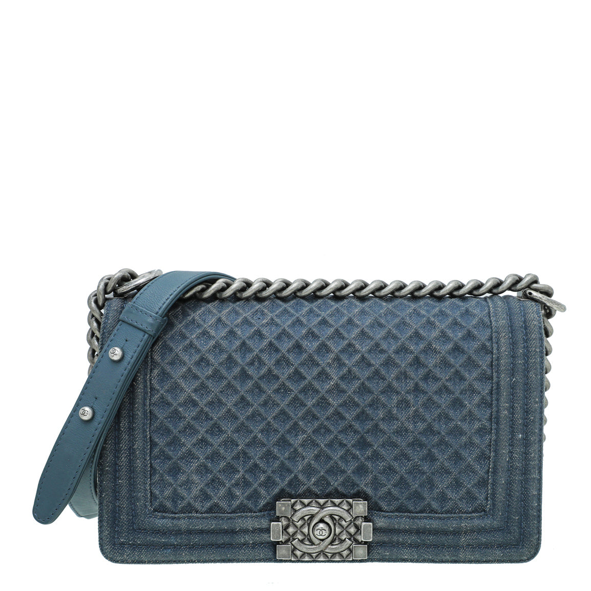 Chanel Grey Blue Le Boy Denim Diamond Medium Bag