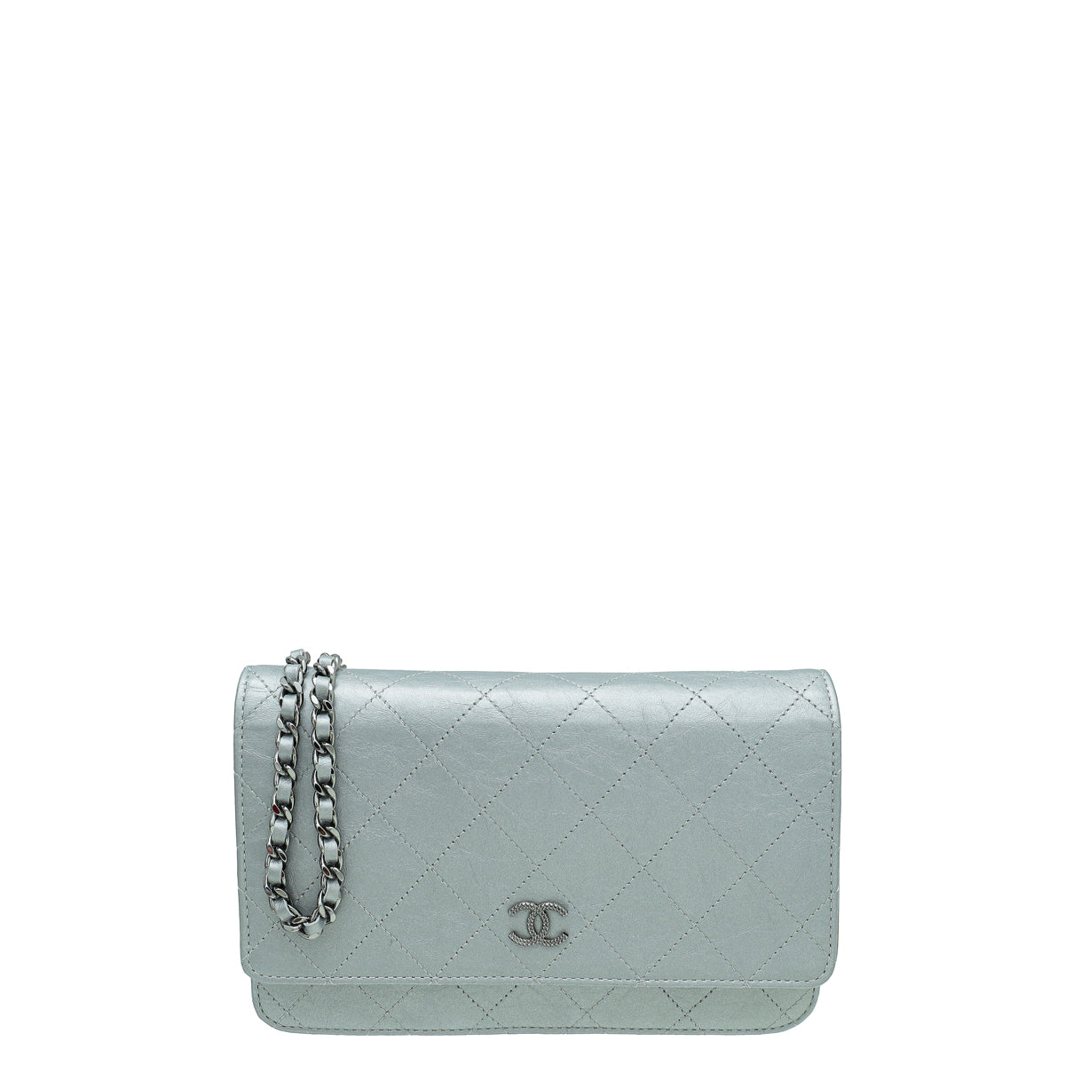 Chanel Metallic Grey CC Aged Wallet On Chain