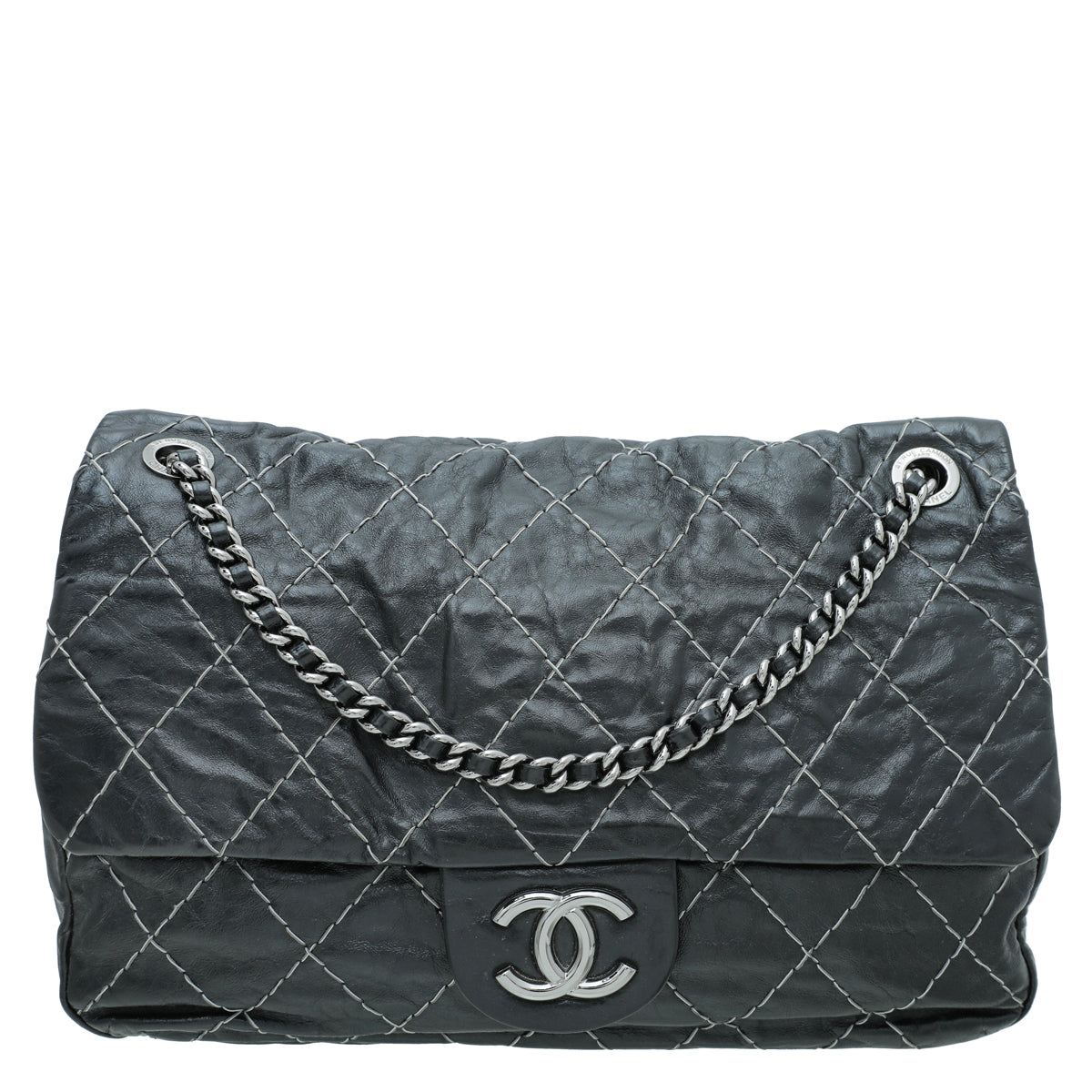 Chanel Black Contrast Double Stitch Flap Bag