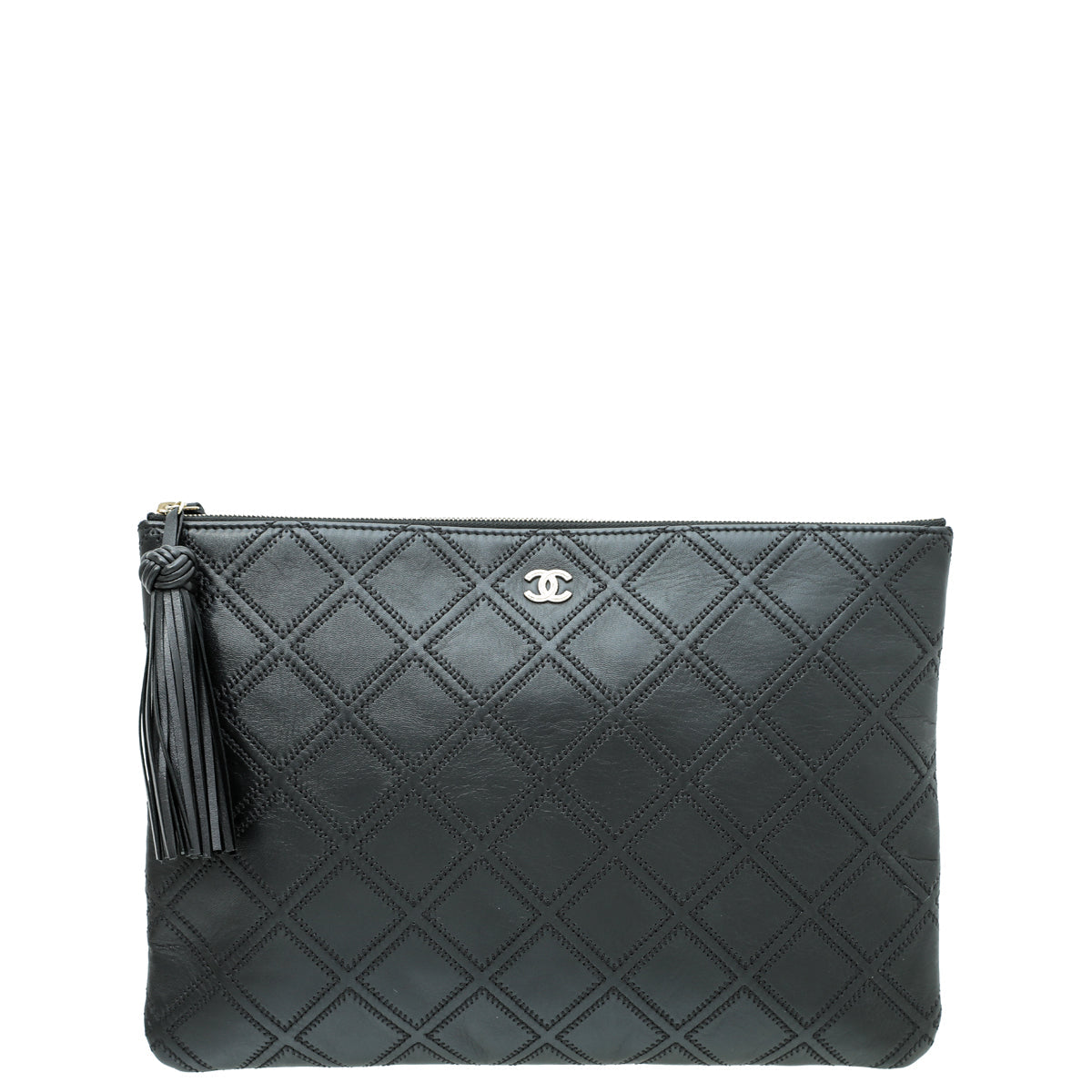 Chanel Black Quilted Double Stitch Tassel O-Case Clutch