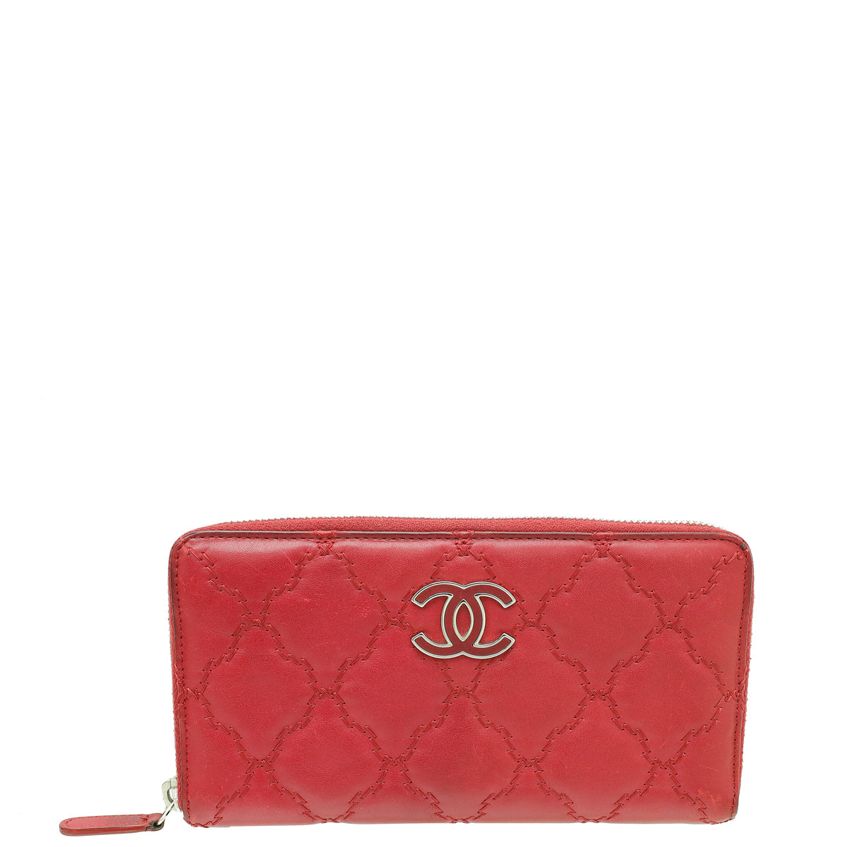 Chanel Red CC Over Stitches Zip Around Wallet