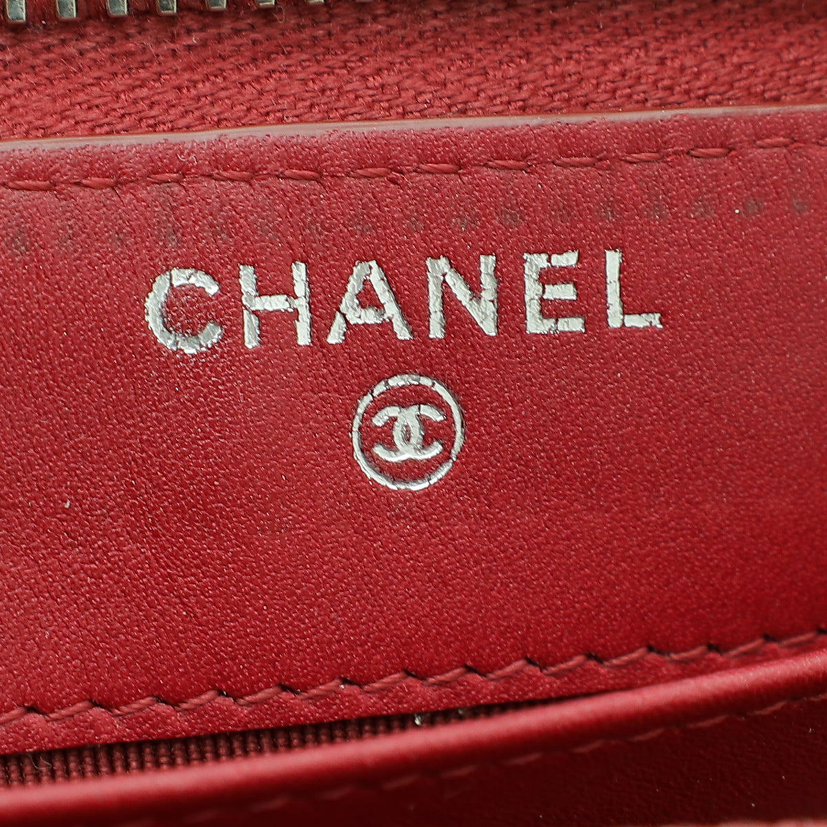 Chanel Red CC Over Stitches Zip Around Wallet