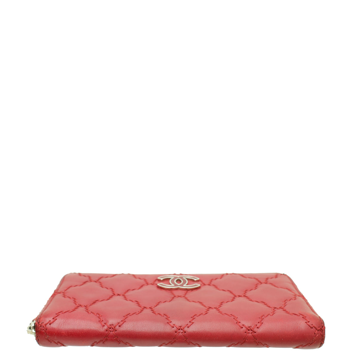 Chanel Red CC Over Stitches Zip Around Wallet