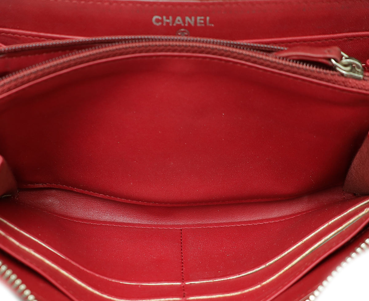 Chanel Red CC Over Stitches Zip Around Wallet