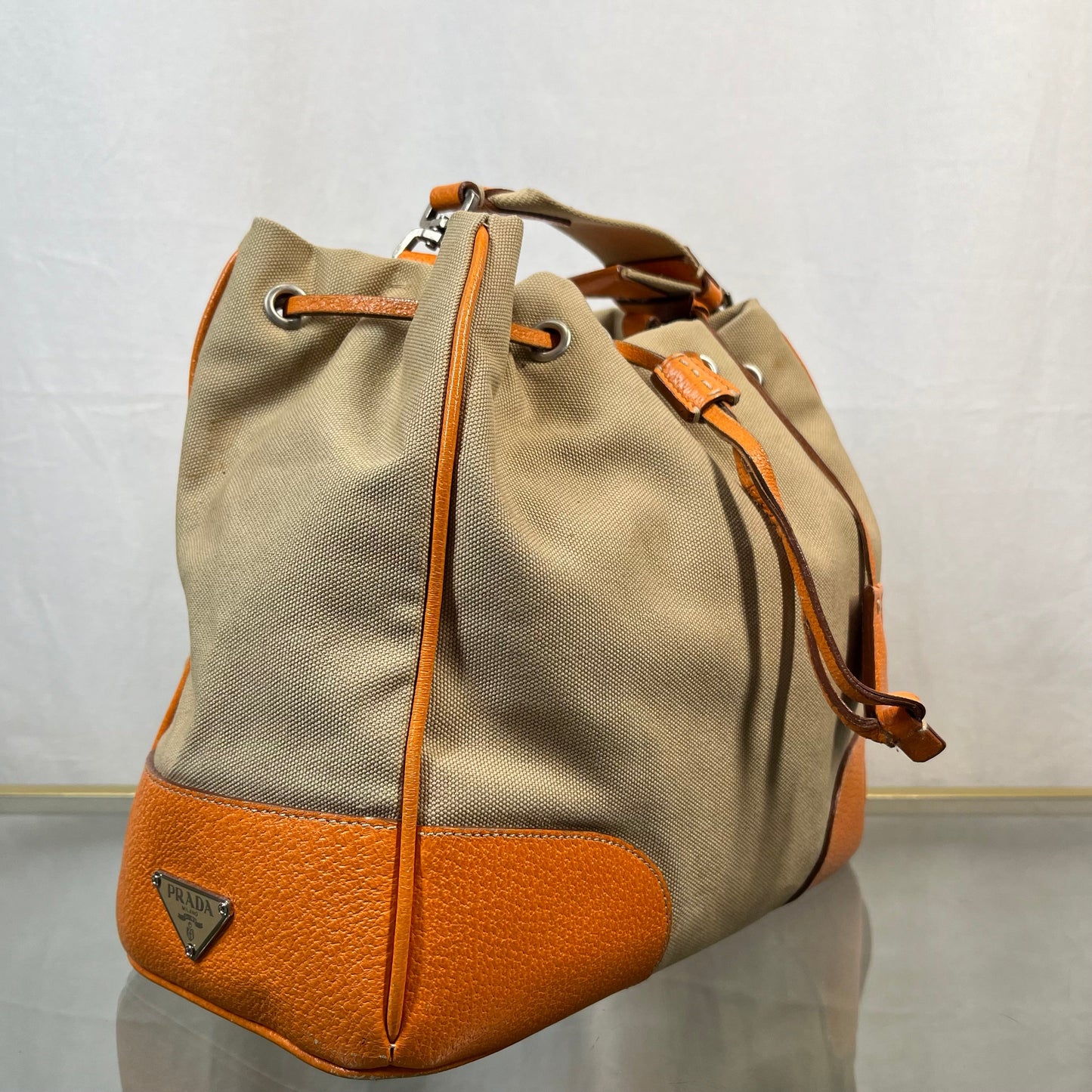 PRADA Leather & Canvas Drawstring Orange Bucket Bag TS3776