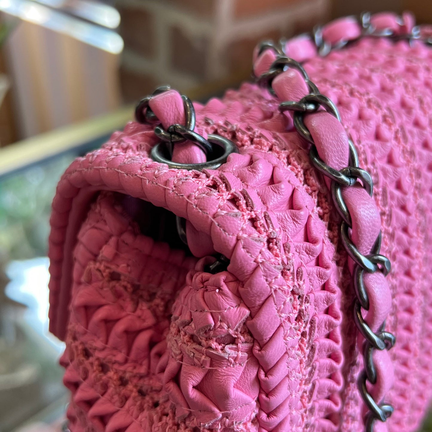 CHANEL Flap Mini Pink Lambskin Crochet Embroidered Shoulder Bag