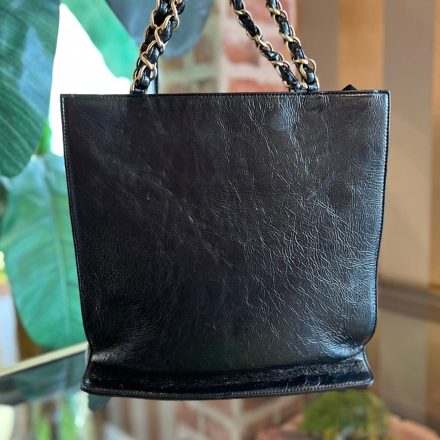 CHANEL Black Glazed Aged Calfskin Leather Timeless CC Shopping Chain Tote