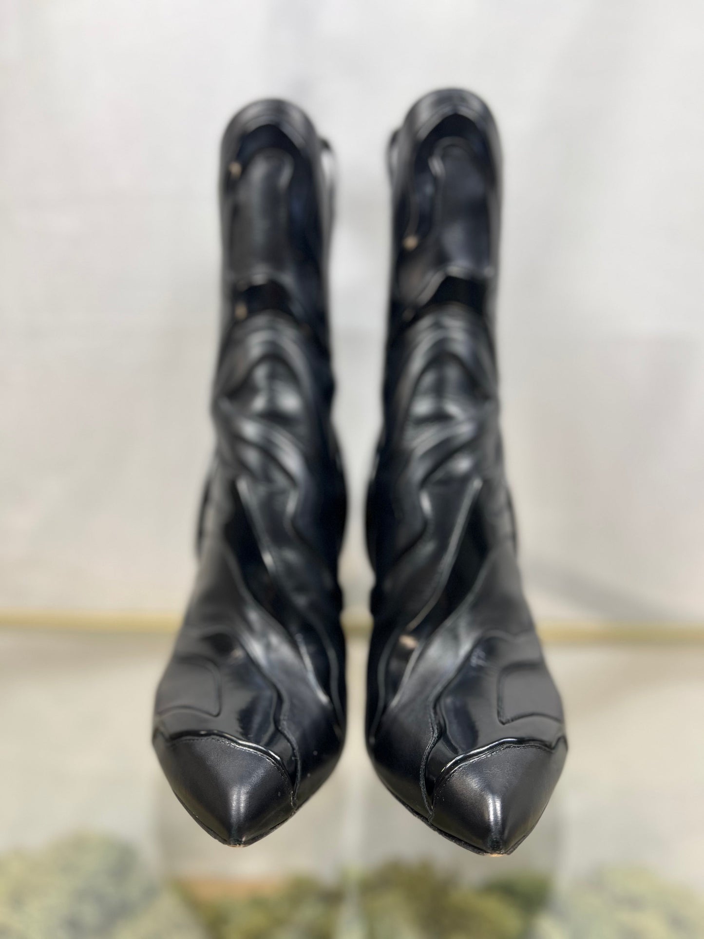 LOUIS VUITTON Black Pointed Toe Stripe Boot Leather Heels Sz 38.5