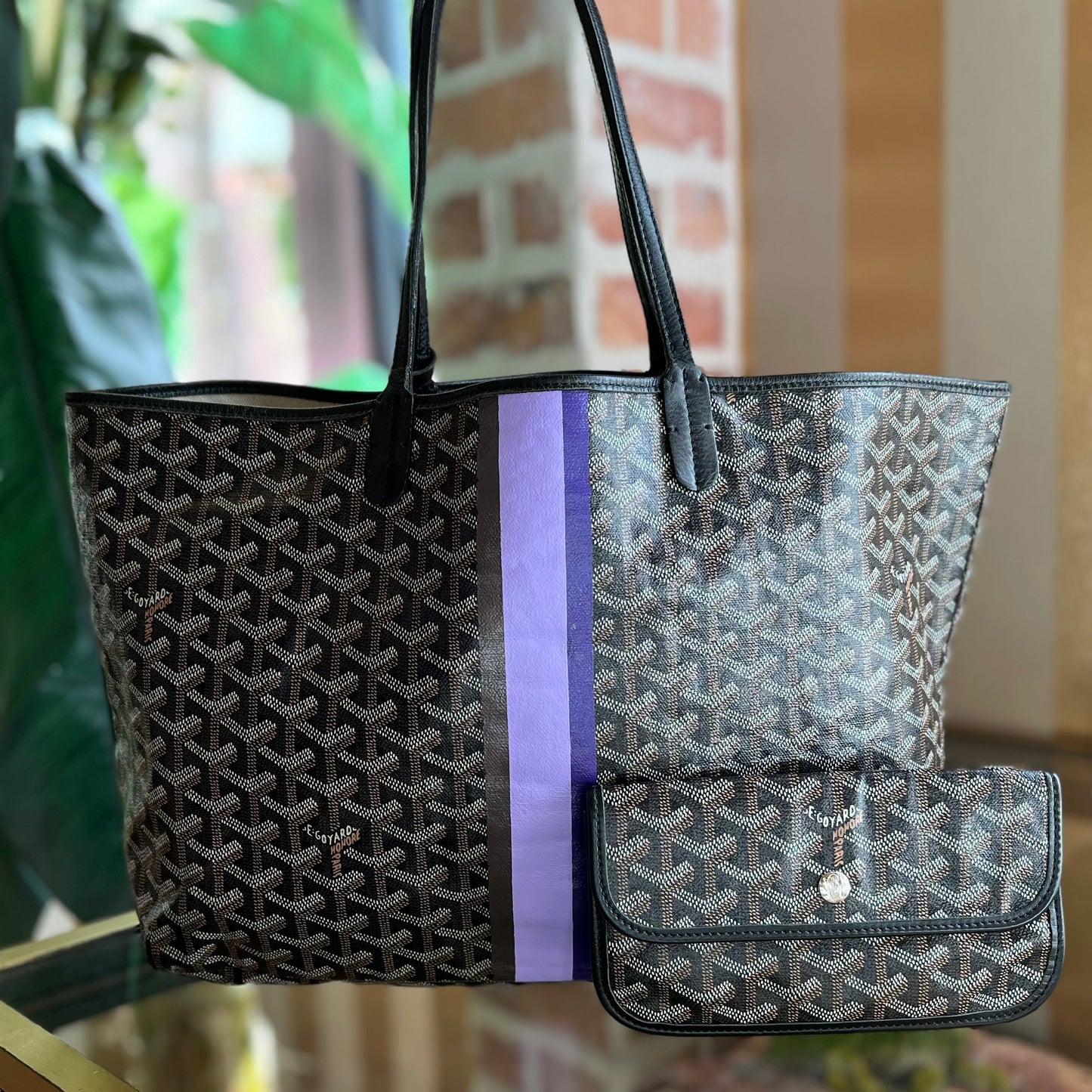 GOYARD Black Goyardine Canvas St. Louis PM W/Custom Purple Stripe