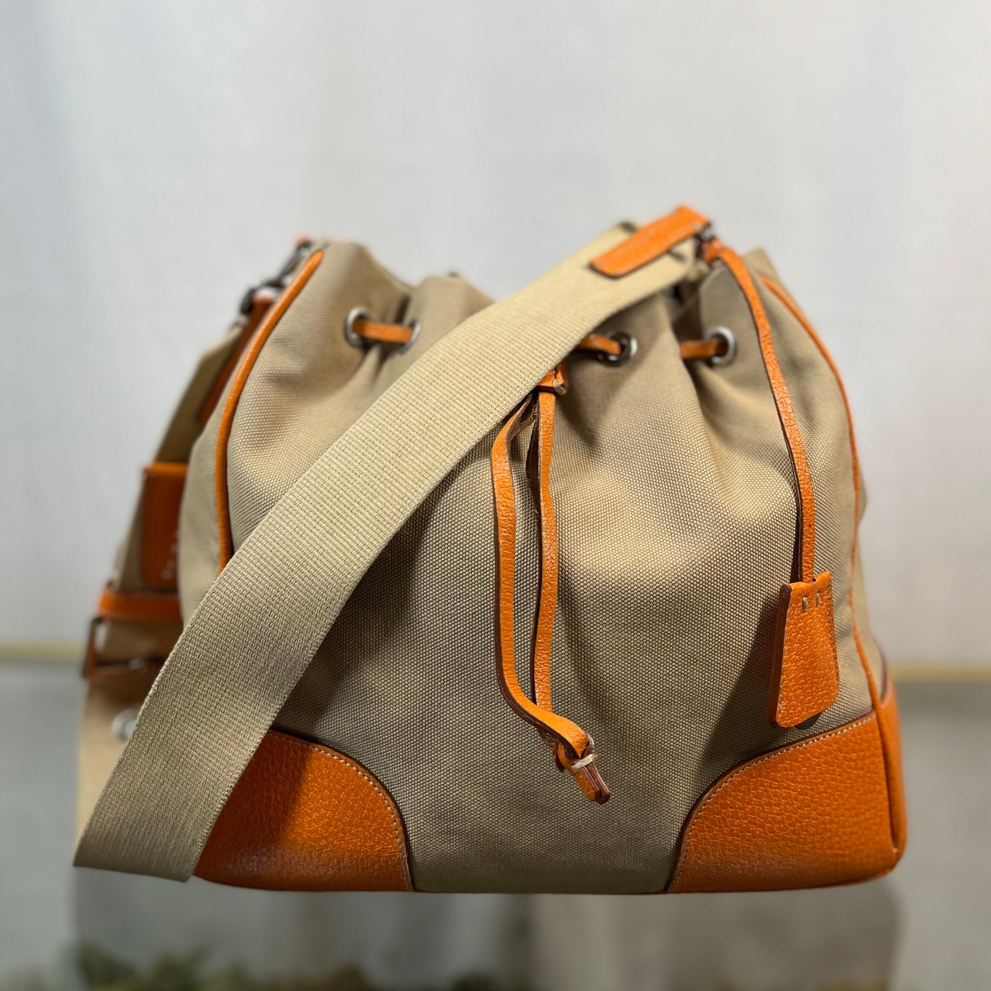 PRADA Leather & Canvas Drawstring Orange Bucket Bag TS3776