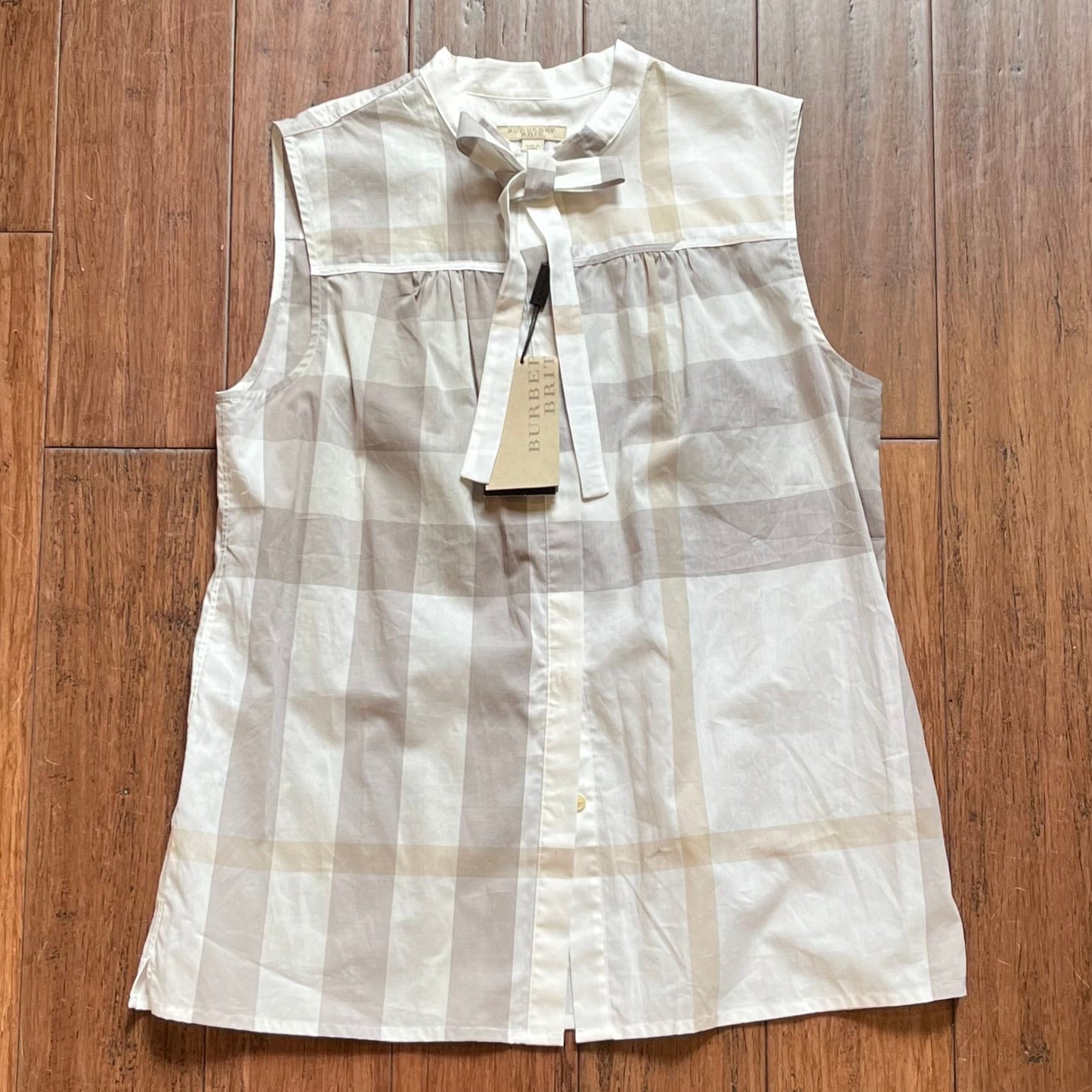 BURBERRY Mineral Gray Brit Cotton Check Sleeveless Blouse SZLG