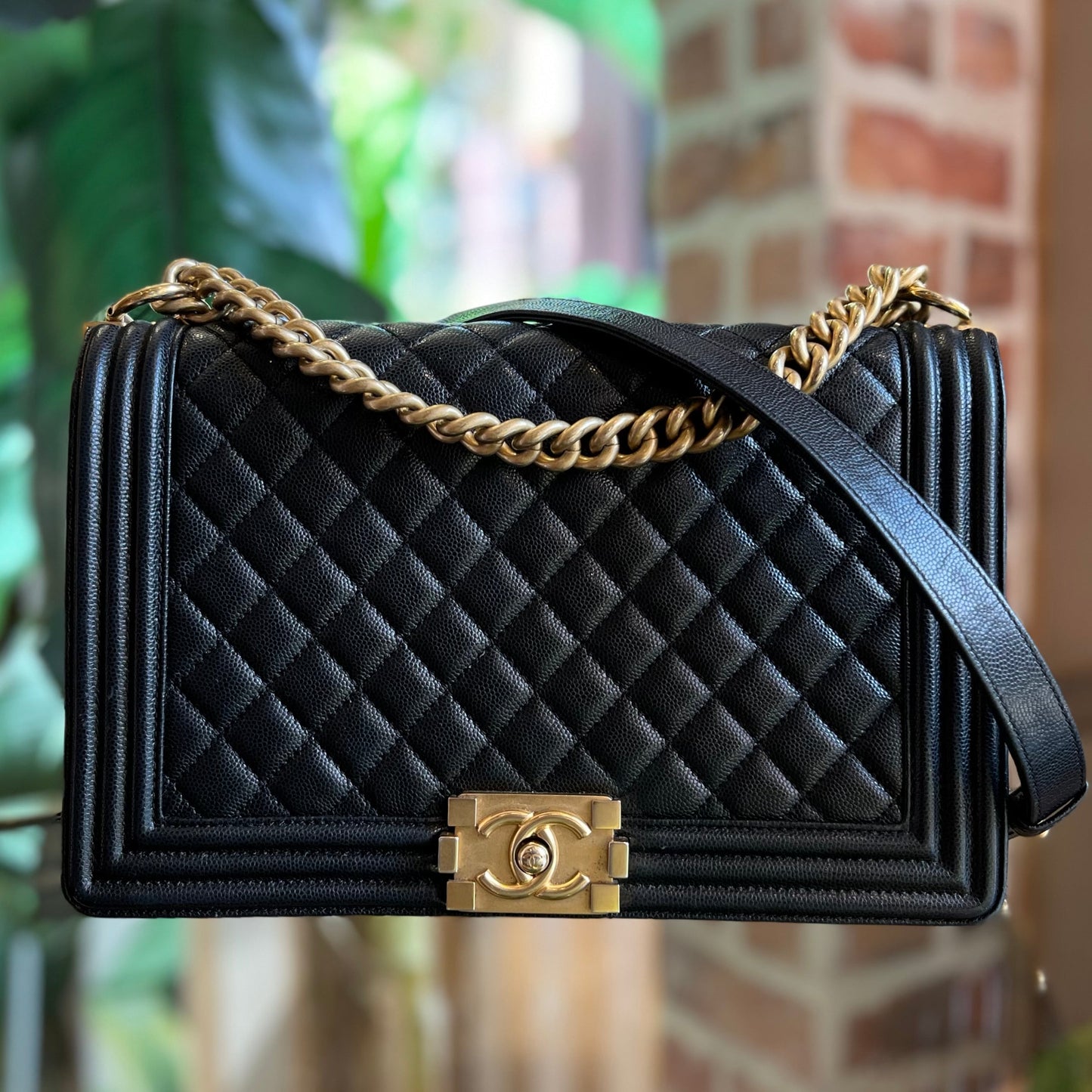 CHANEL Black Caviar New Medium Boy Bag Gold HW