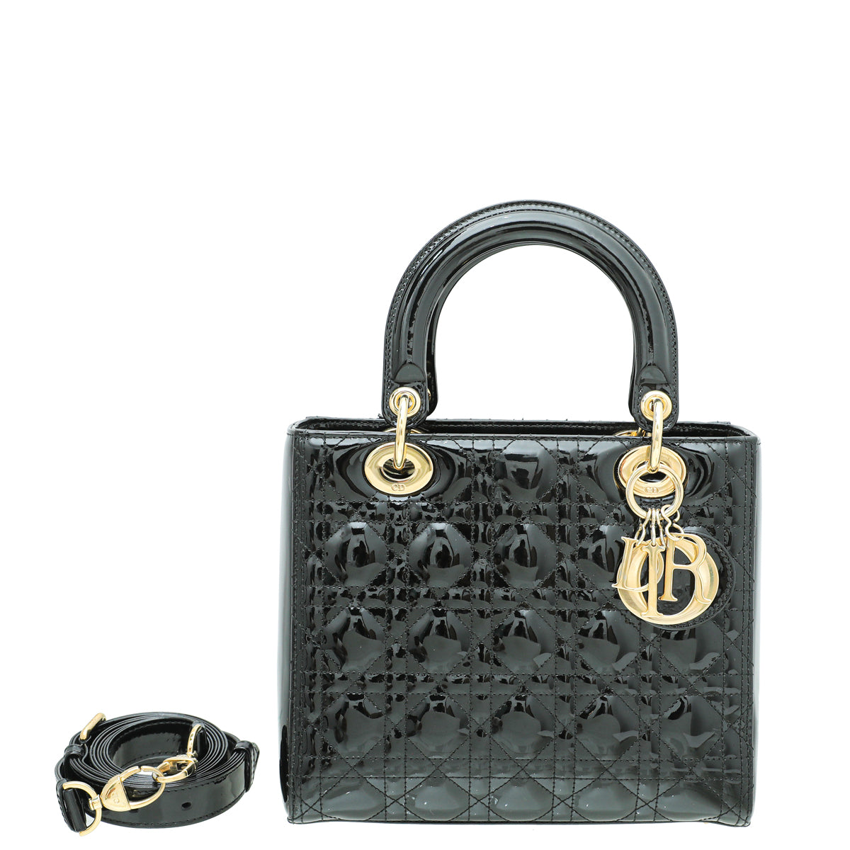 Christian Dior Black Lady Dior Patent Medium Bag