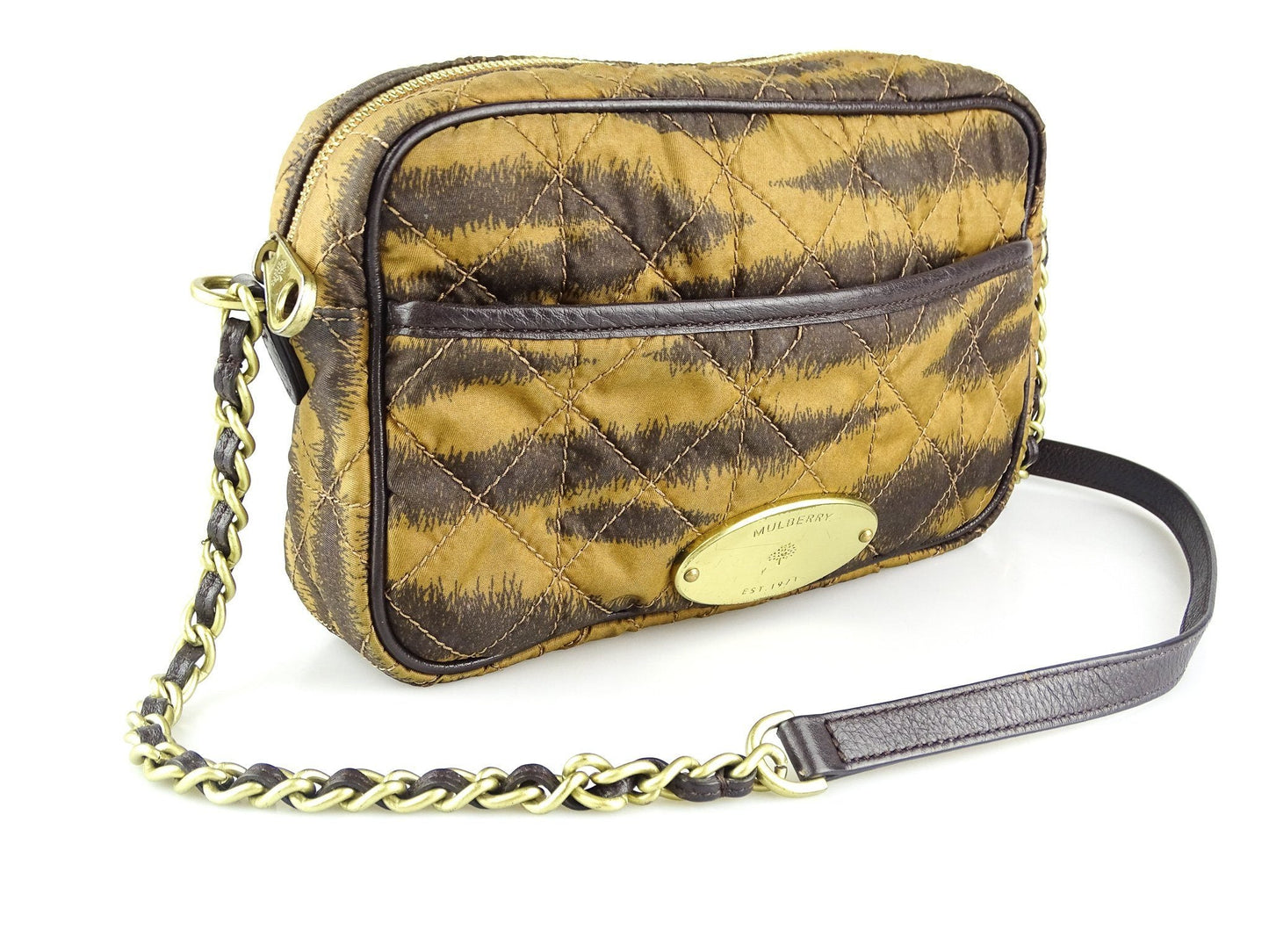 Mulberry Rosie Zipped Satchel Camera Bag in Tiger Print Oak Quilted Nylon & Calfskin