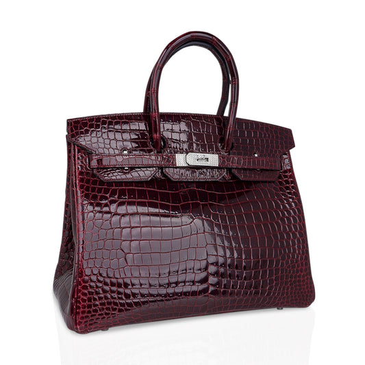 Hermes Birkin 35 Bag Diamond Bordeaux Porosus Crocodile with White Gold Hardware