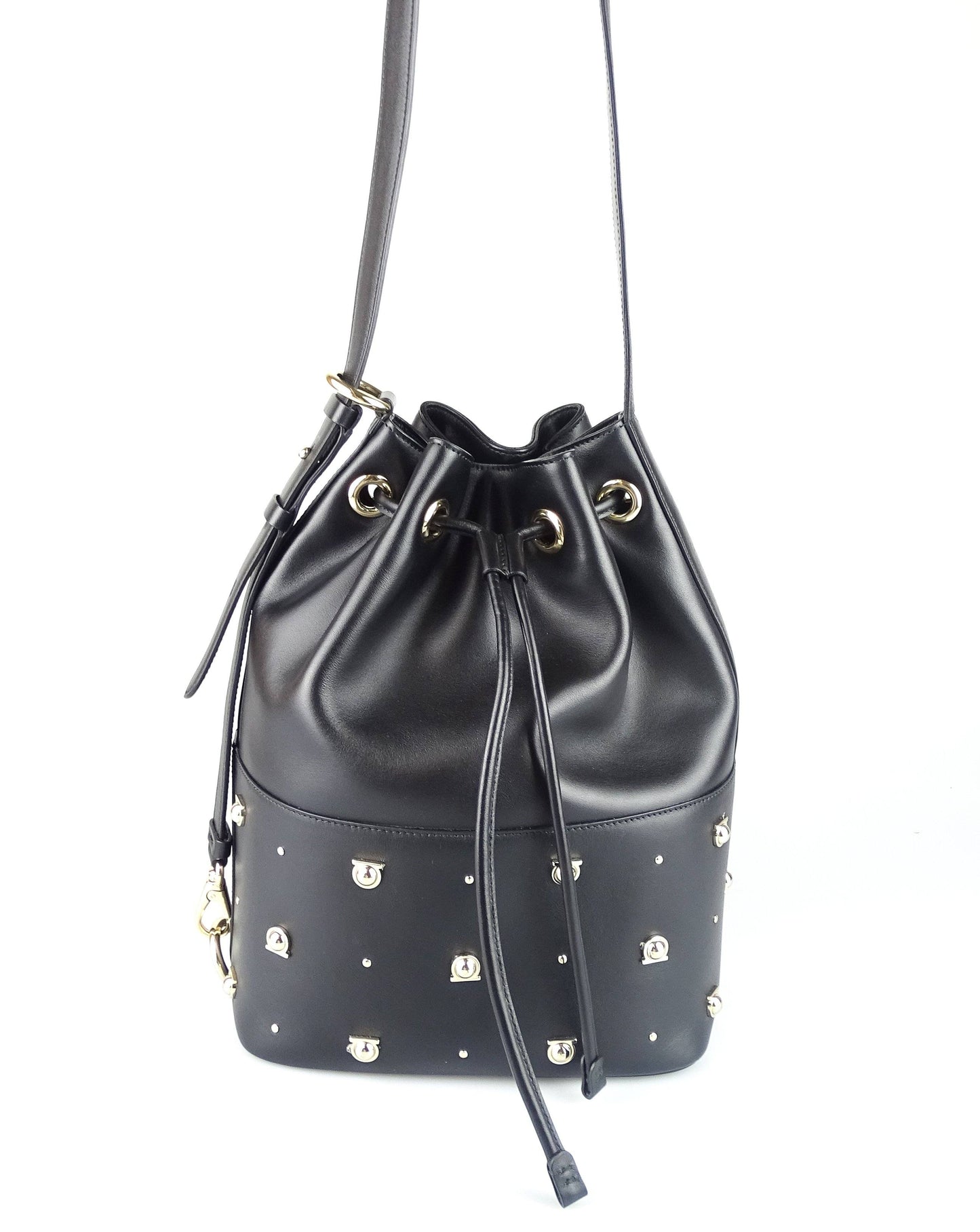 Salvator Feragamo Black Smooth Logo Studded Bucket Bag