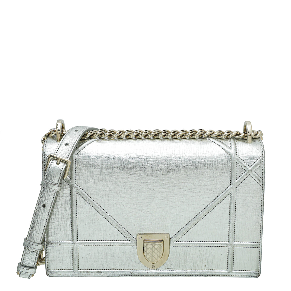 Christian Dior Metallic Silver Diorama Flap Medium Bag