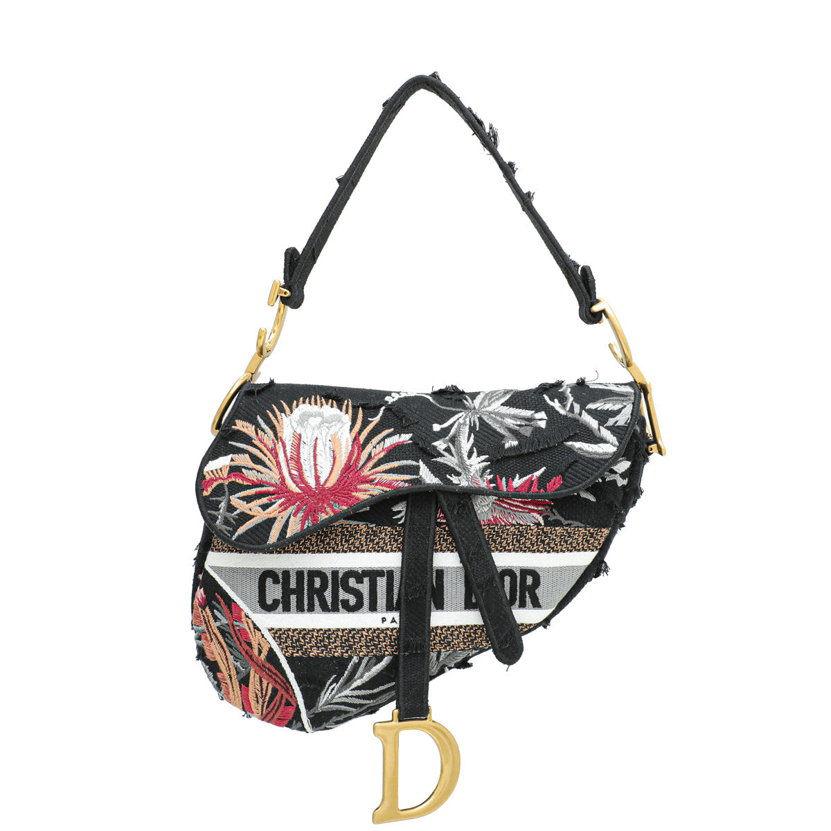 Christian Dior Black Multicolor Embroidered Camouflage Flowers Saddle Medium Bag