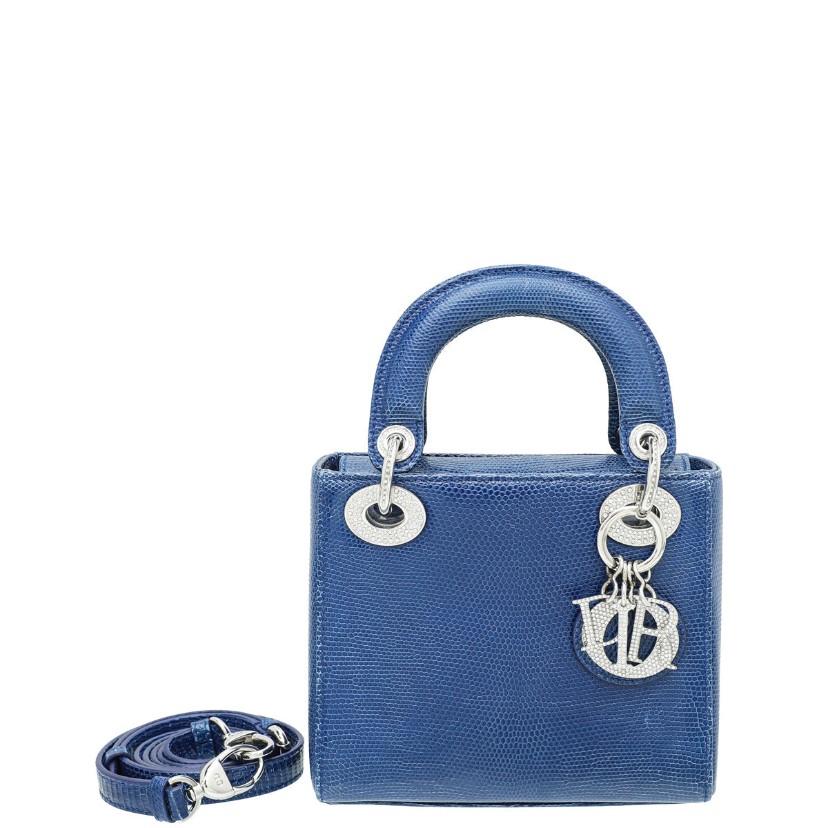 Christian Dior Blue Lizard Lady Dior Mini Swarovski Crystal Strap Bag