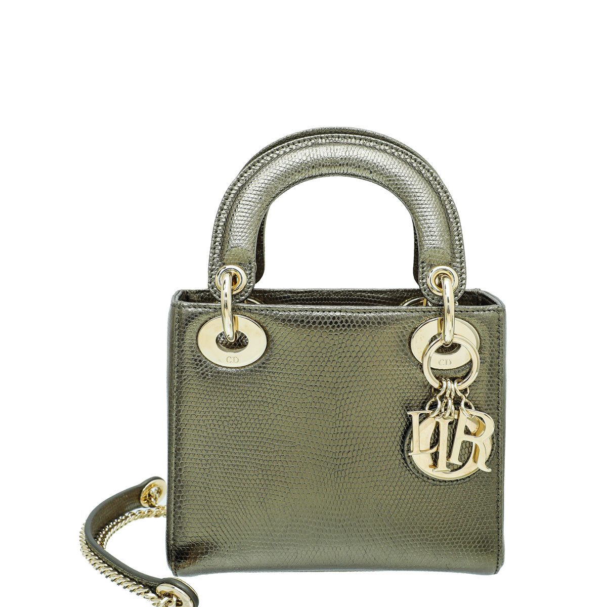 Christian Dior Metallic Olive Lizard Chain Mini Lady Dior Bag