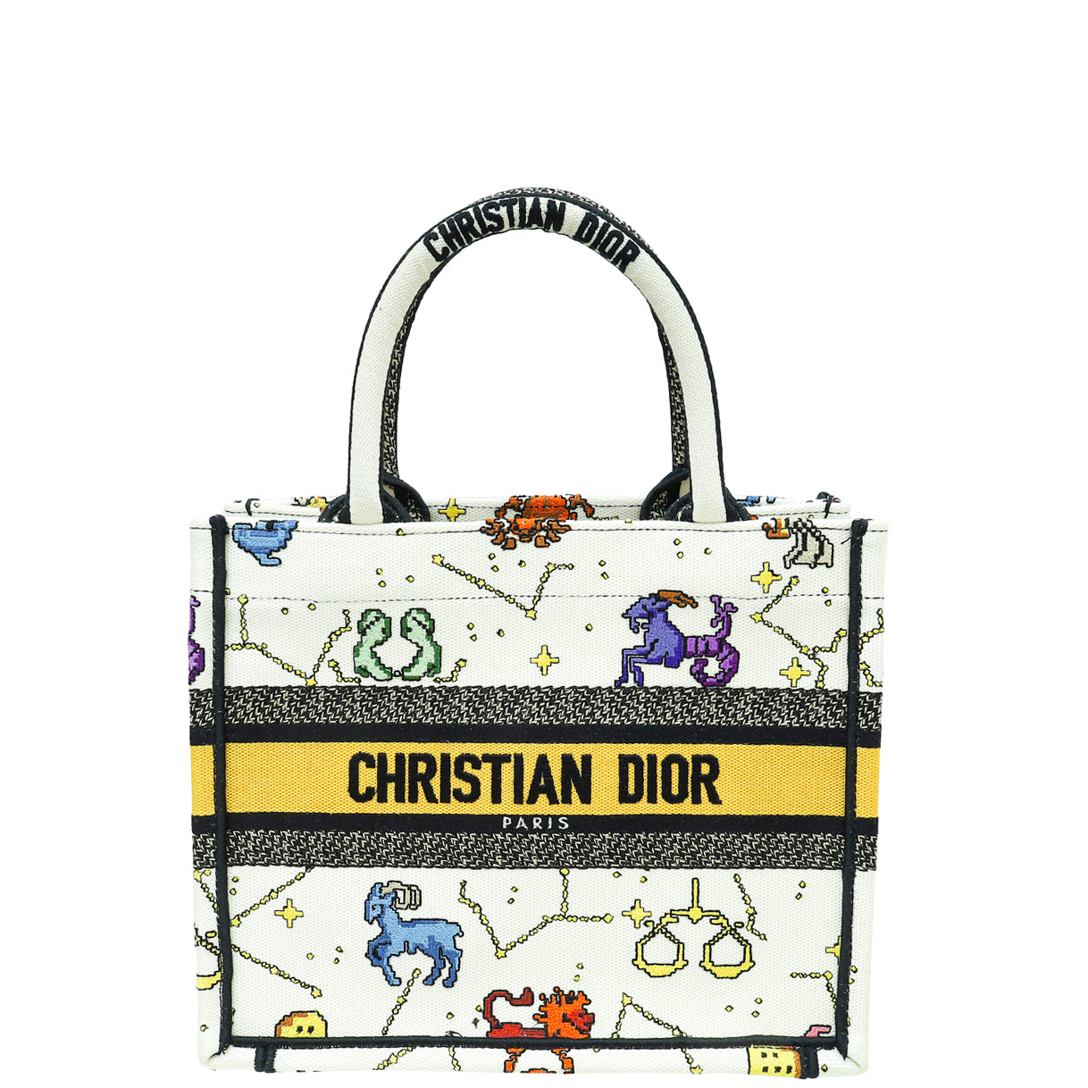 Christian Dior White Multicolor Pixel Zodiac Embroidery Small Book Tote Bag