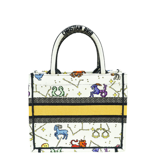 Christian Dior White Multicolor Pixel Zodiac Embroidery Small Book Tote Bag