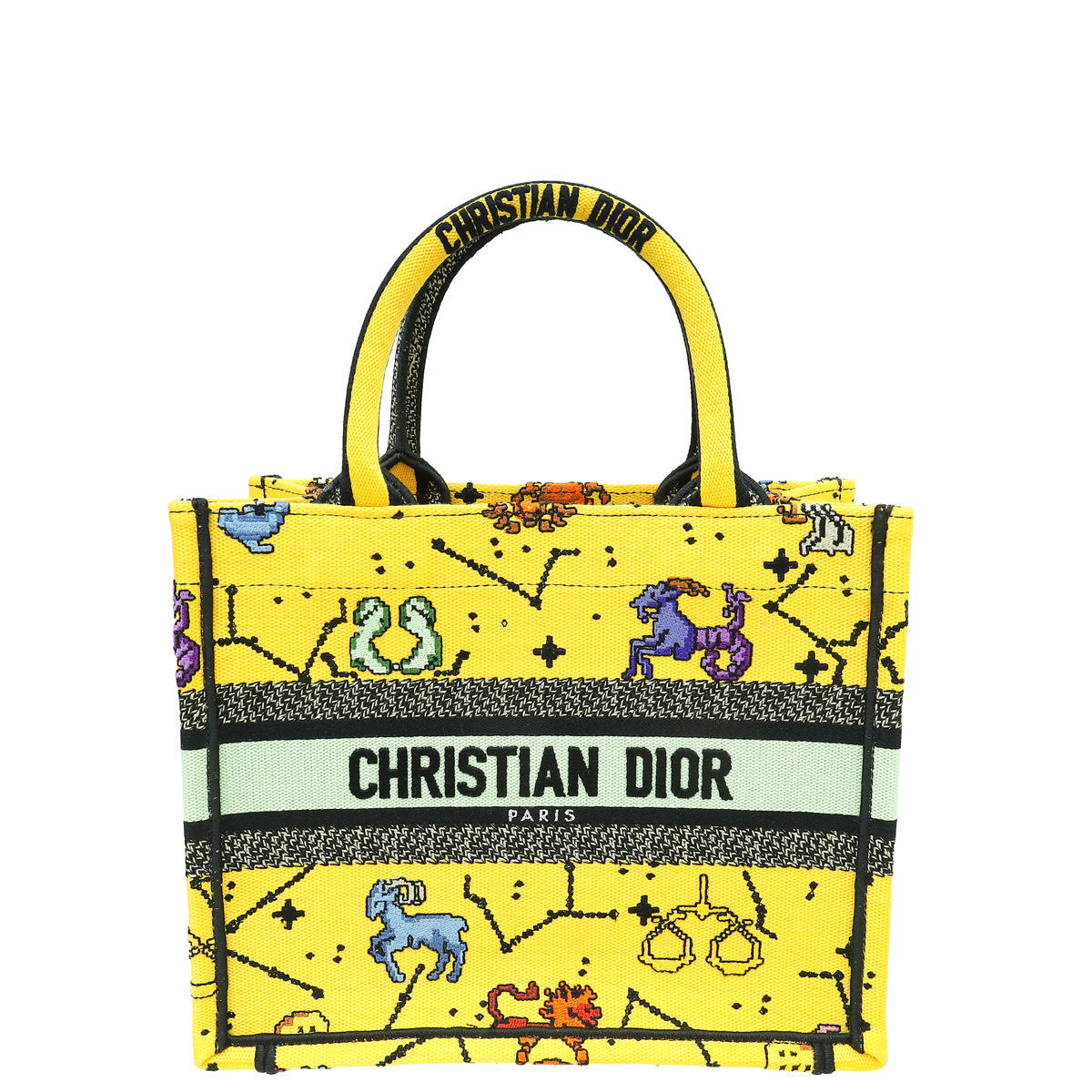 Christian Dior Yellow Multicolor Pixel Zodiac Embroidered Book Tote Small Bag