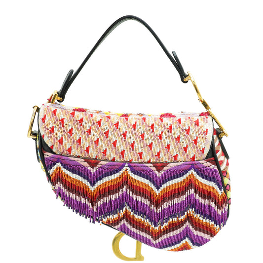 Christian Dior Multicolor Embroidered Fringe Beaded Saddle Mini Bag