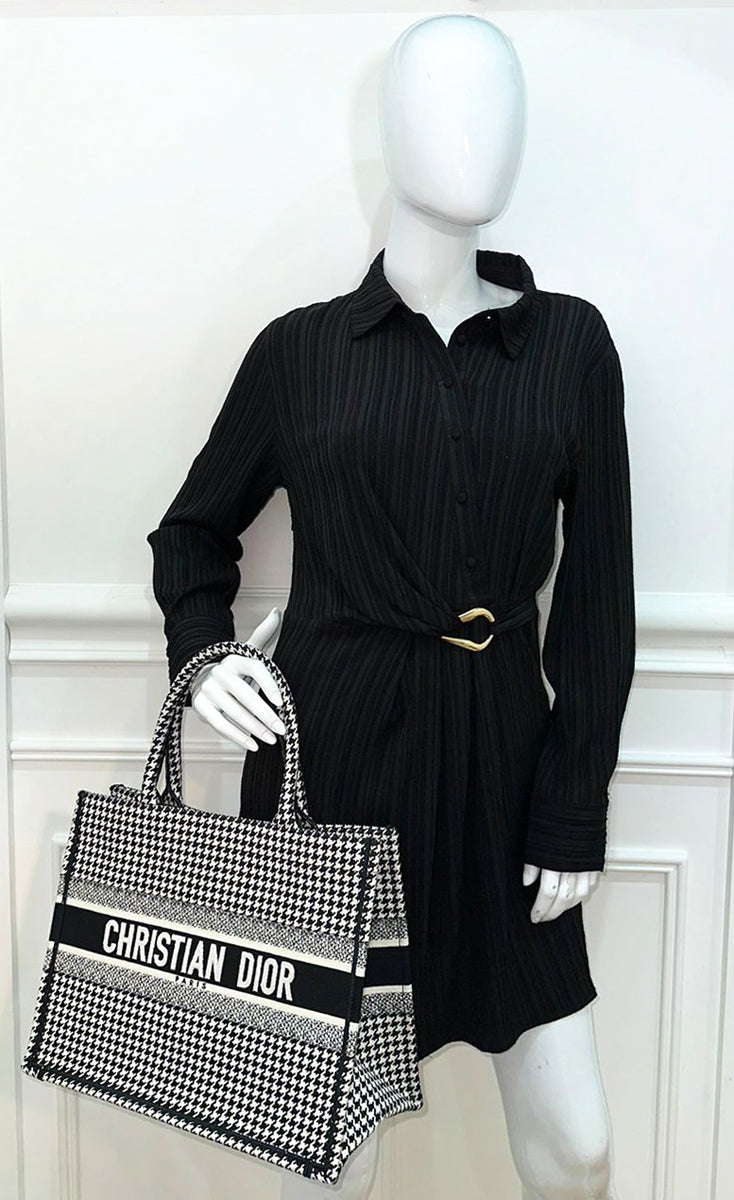 Christian Dior Bicolor Houndstooth Embroidery Book Tote Medium Bag W/ "Habibti"