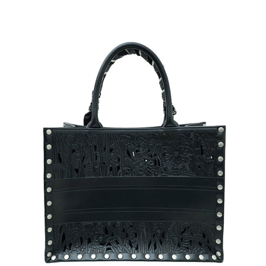 Christian Dior Black Laser Cut Studded Book Medium Tote Bag W/ Twilly