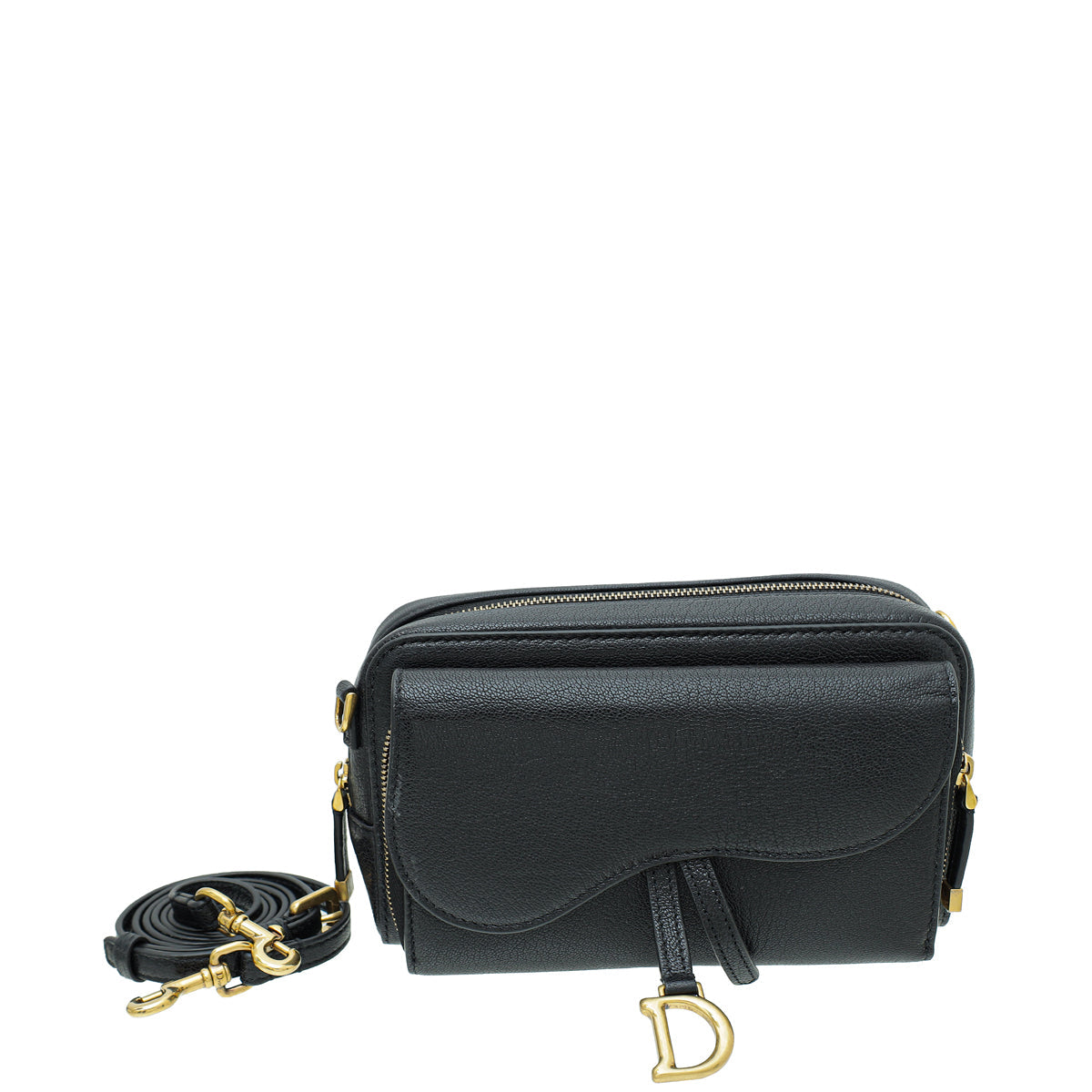 Christian Dior Black Goatskin Double Saddle Pouch Crossbody Bag