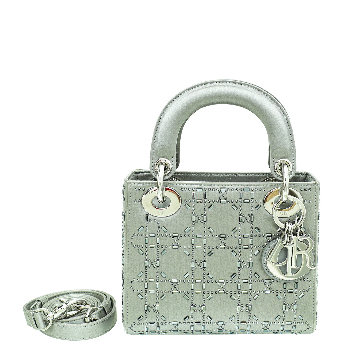 Christian Dior Grey Satin Strass Cannage Lady Dior Mini Bag