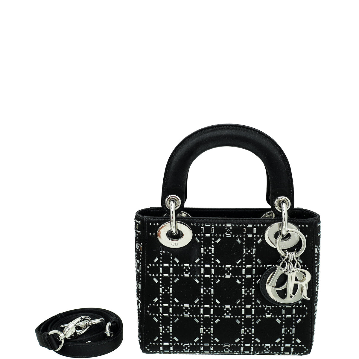 Christian Dior Black Satin Lady Dior Strass Cannage Mini Bag