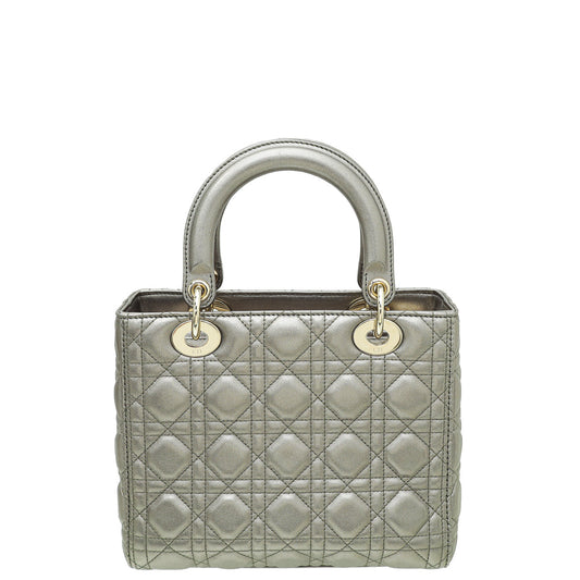 Christian Dior Metallic Grey Lady Dior Medium Bag