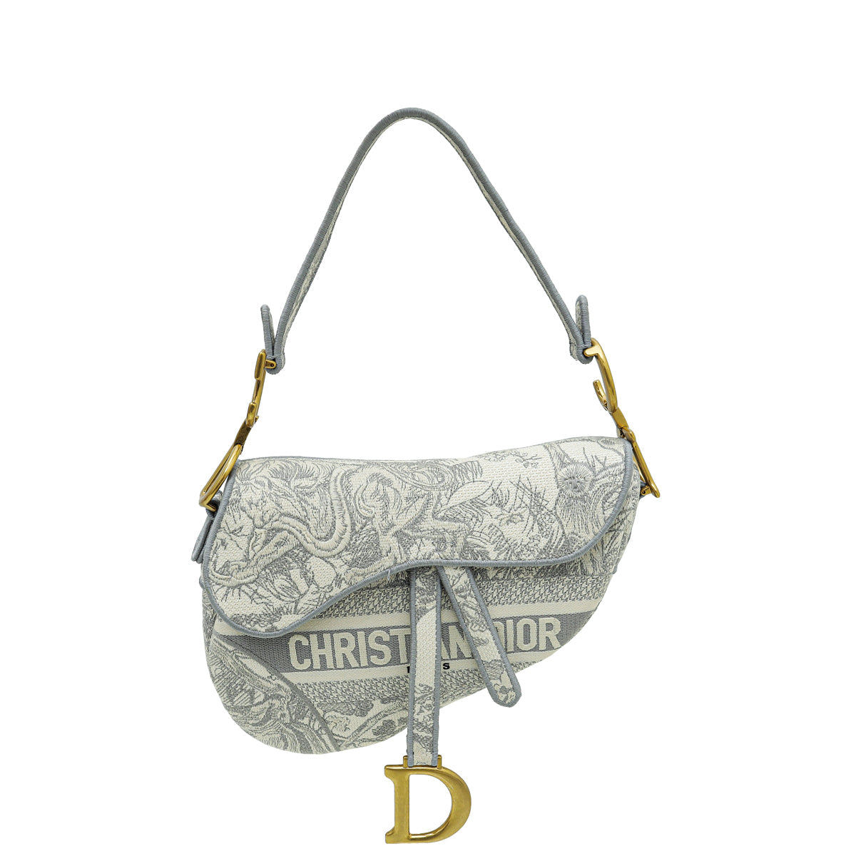 Christian Dior Grey Toile de Jouy Embroidery Saddle Medium Bag w/ MKF Initial