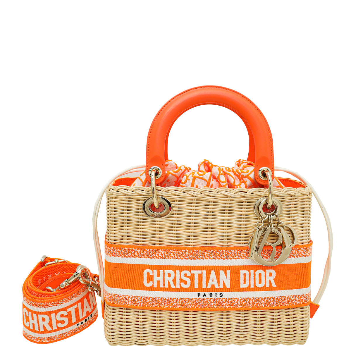 Christian Dior Orange Lady Dior Natural Wicker Medium Bag