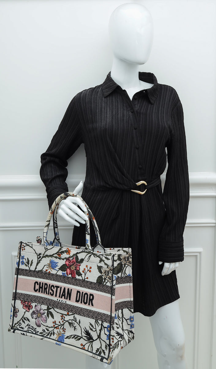 Christian Dior White Multicolor Book Tote Jardin Botanique Embroidery Medium Bag