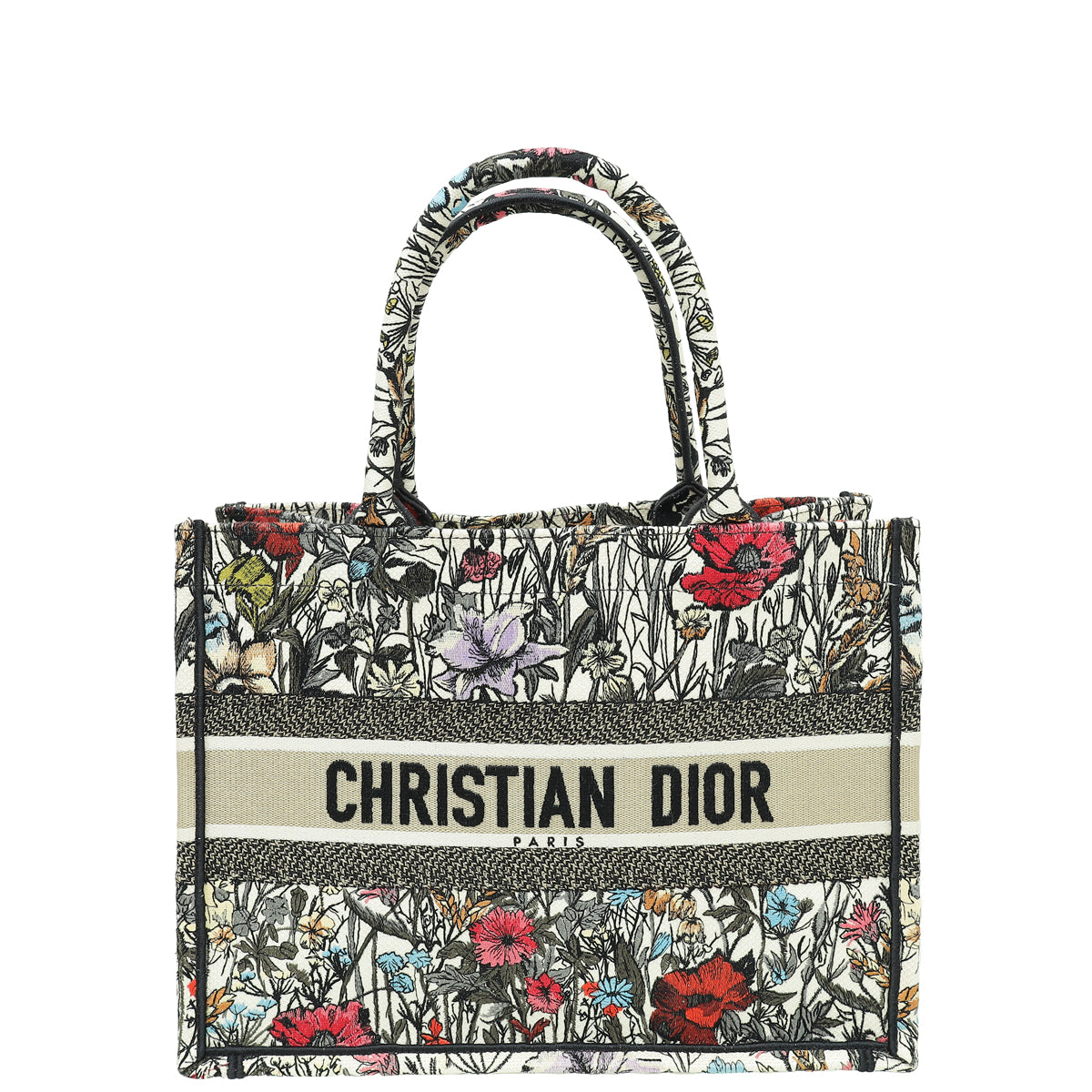 Christian Dior White Multicolor Embroidered Mille Fleurs Book Tote Medium Bag w/Twillies