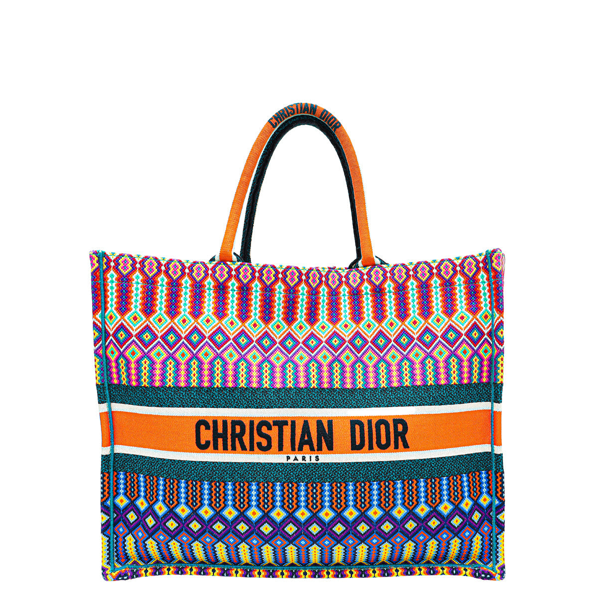 Christian Dior Orange Multicolor Embroidered Book Tote Large Bag