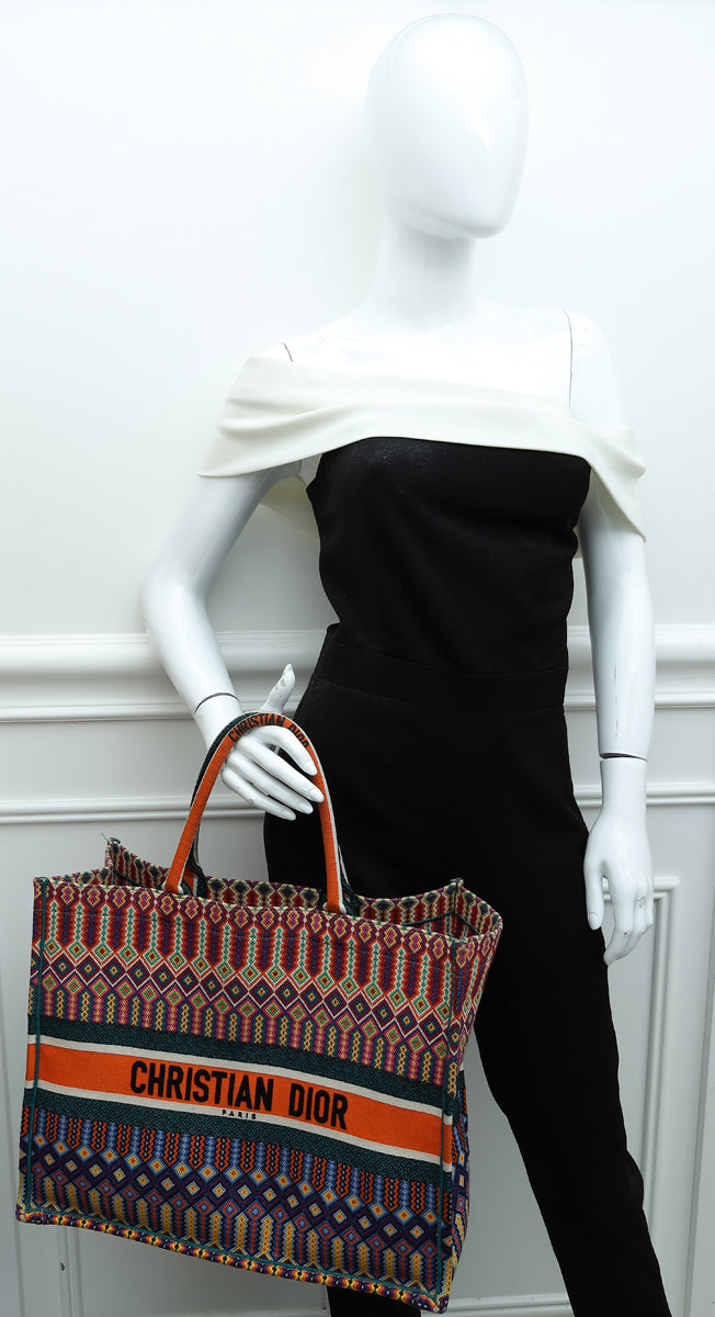 Christian Dior Orange Multicolor Embroidered Book Tote Large Bag