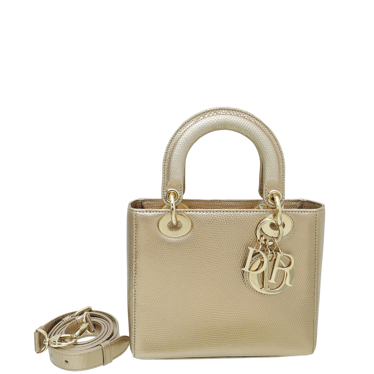 Christian Dior Metallic Champagne Lizard Lady Dior Small Bag