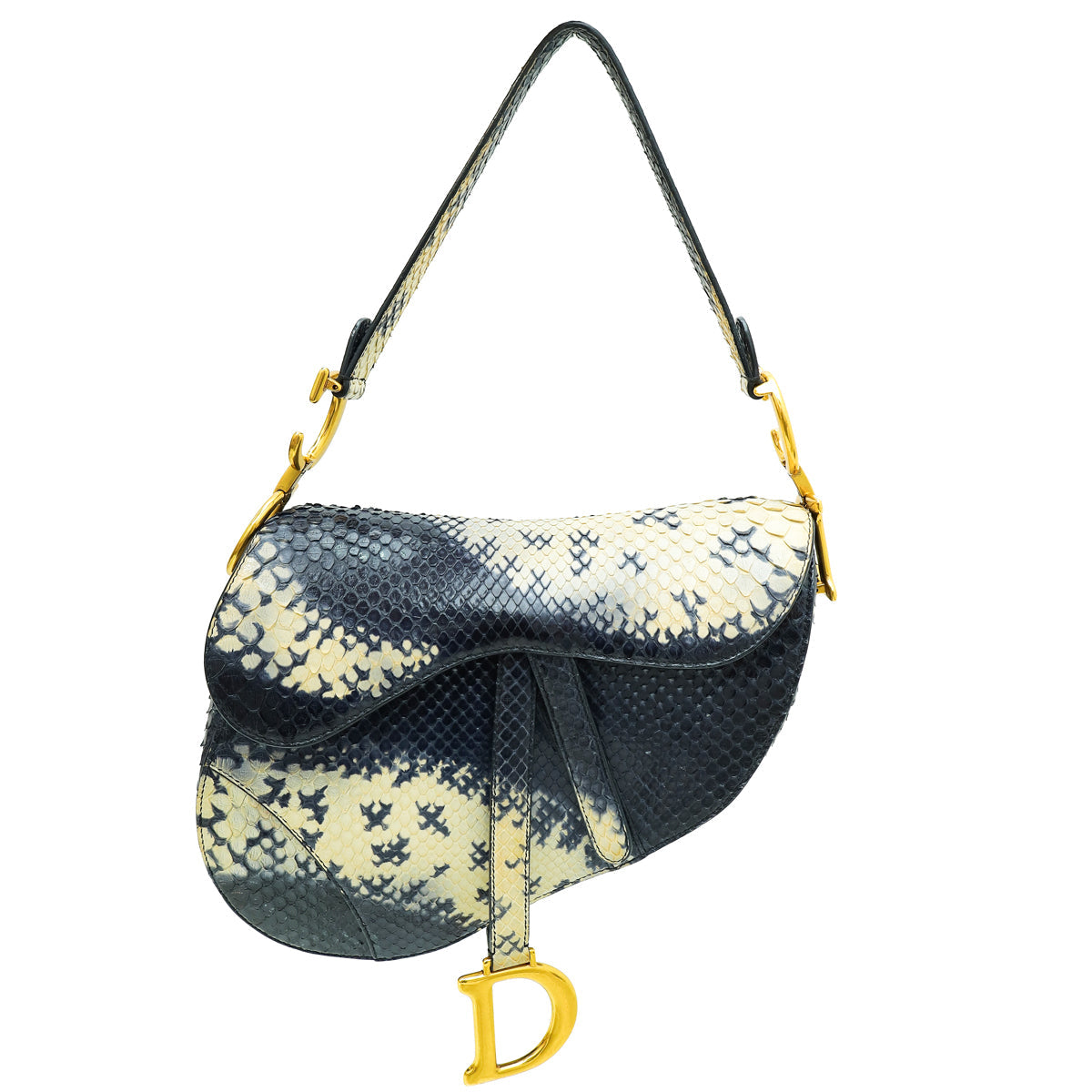 Christian Dior Navy Blue Python Saddle Medium Bag