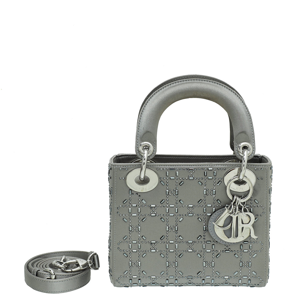 Christian Dior Grey Satin Lady Dior Strass Cannage Mini Bag