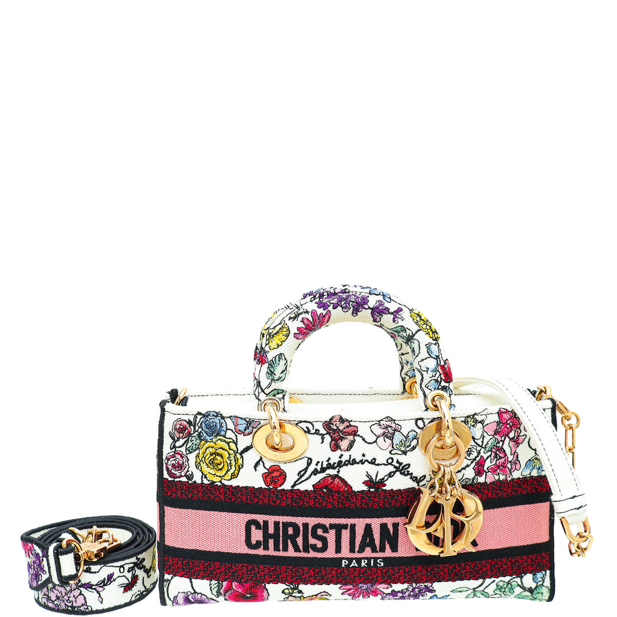 Christian Dior White Multicolor Lady D-Joy Embroidered Medium Bag