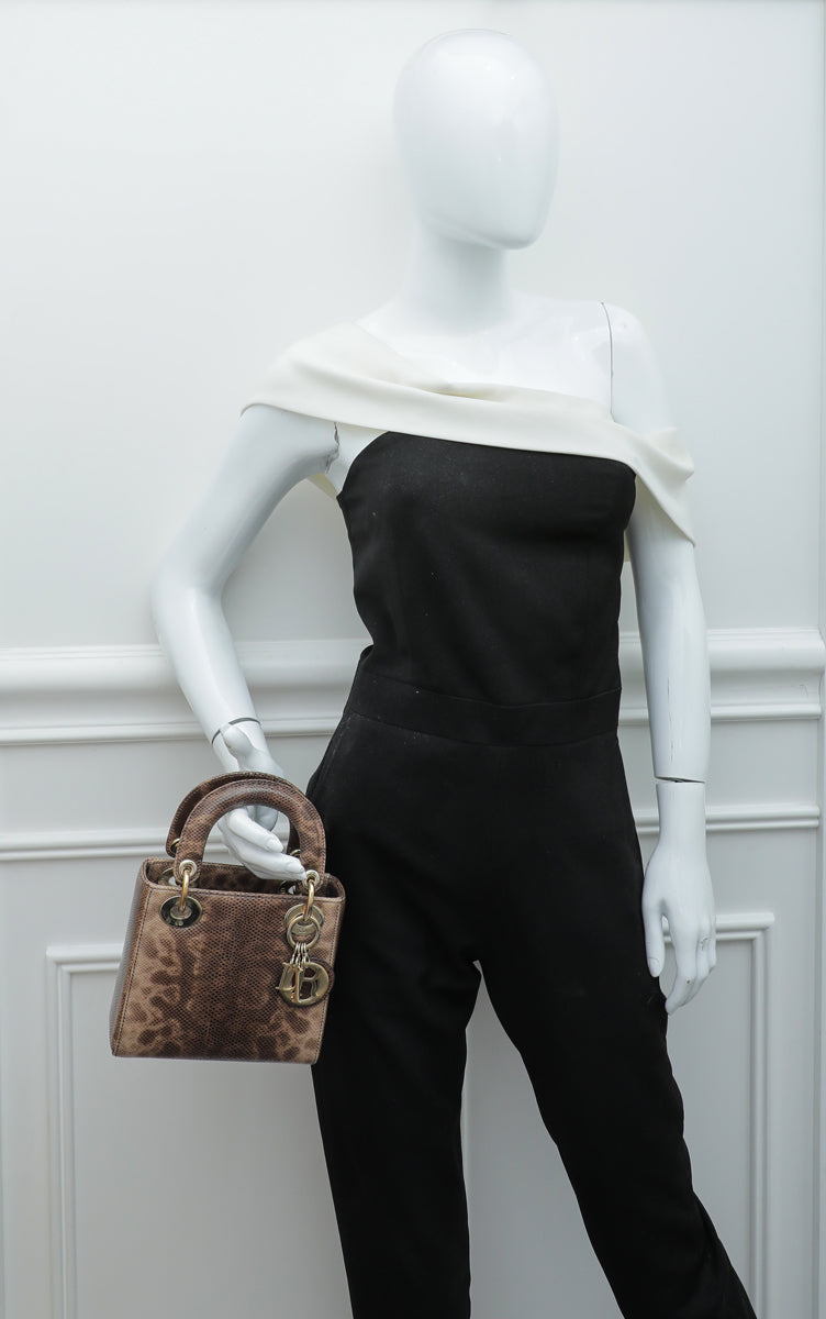 Christian Dior Brown Lizard Lady Dior Mini Chain Bag