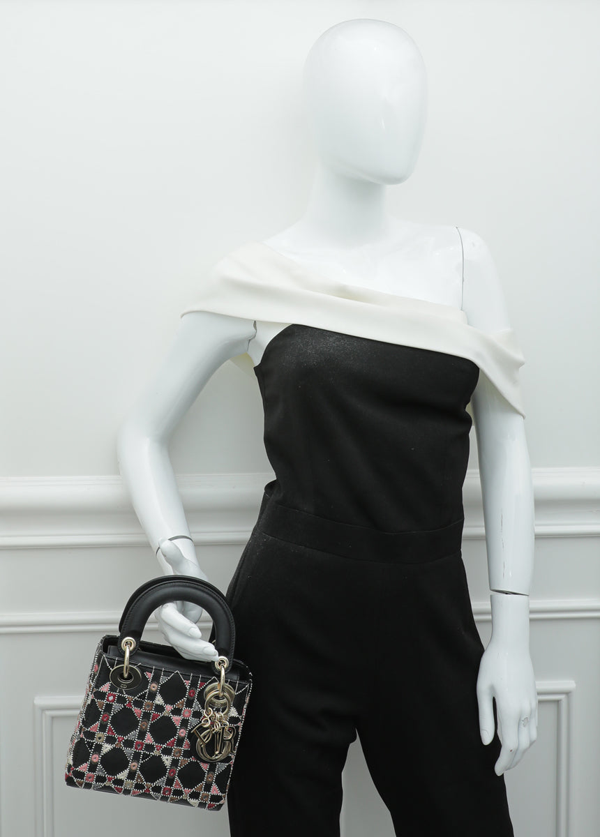 Christian Dior Black Lady Dior Mini Beads Studs Chain Bag