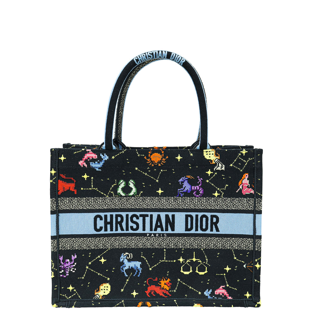 Christian Dior Black Multicolor Pixel Zodiac Embroidery Medium Book Tote Bag